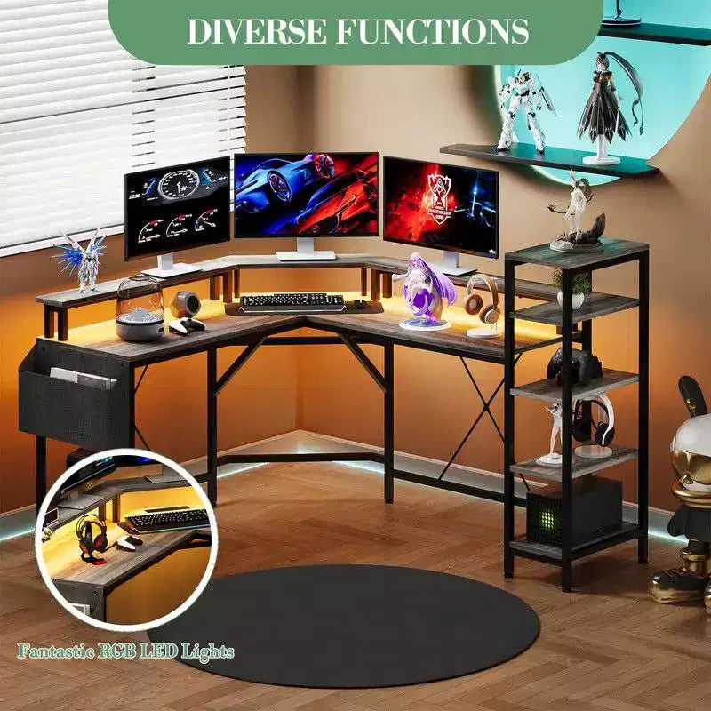 61-Inch L-Shaped Gaming Desk with 5-Tier Shelves, LED and Power Outlet