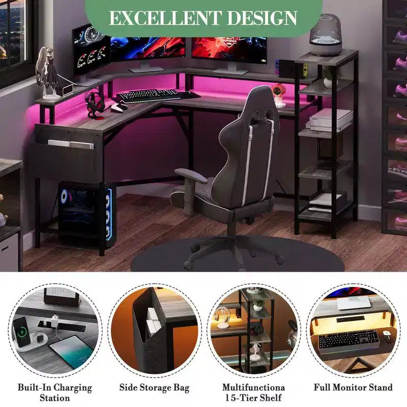 61-Inch L-Shaped Gaming Desk with 5-Tier Shelves, LED and Power Outlet
