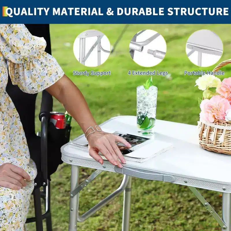 Acekool Small Folding Table with Adjustable Height, Lightweight Aluminum Frame Portable Camping Table with Carry Handle,Silver