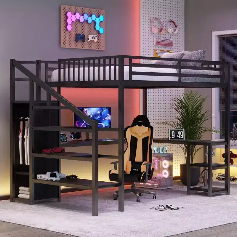 Full/Queen Metal Loft Bed with Wardrobe, L-Shaped Desk, USB & LED Lights, Space-Saving Gaming Loft Bed Frame - ModernLuxe