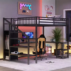 Full/Queen Metal Loft Bed with Wardrobe, L-Shaped Desk, USB & LED Lights, Space-Saving Gaming Loft Bed Frame - ModernLuxe