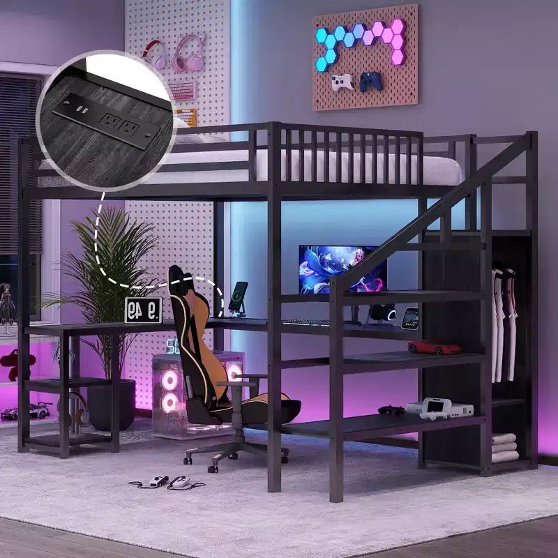 Full/Queen Metal Loft Bed with Wardrobe, L-Shaped Desk, USB & LED Lights, Space-Saving Gaming Loft Bed Frame - ModernLuxe