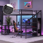 Full/Queen Metal Loft Bed with Wardrobe, L-Shaped Desk, USB & LED Lights, Space-Saving Gaming Loft Bed Frame - ModernLuxe