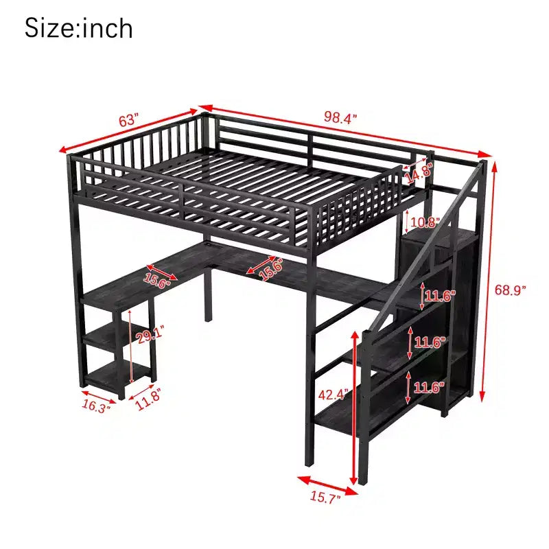 Full/Queen Metal Loft Bed with Wardrobe, L-Shaped Desk, USB & LED Lights, Space-Saving Gaming Loft Bed Frame - ModernLuxe