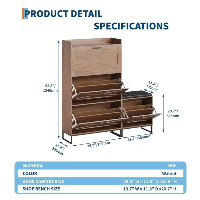Shoe Storage Bench, Wooden Entryway Bench with 4 Flip Drawers & Padded Seat, Hidden Shoe Organizer Cabinet for Hallway Living Room