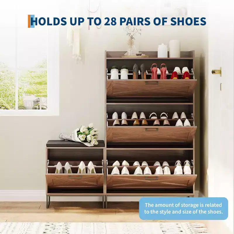 Shoe Storage Bench, Wooden Entryway Bench with 4 Flip Drawers & Padded Seat, Hidden Shoe Organizer Cabinet for Hallway Living Room