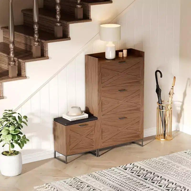 Shoe Storage Bench, Wooden Entryway Bench with 4 Flip Drawers & Padded Seat, Hidden Shoe Organizer Cabinet for Hallway Living Room