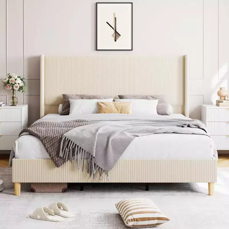 King Size Corduroy Bed Frame, with Vertical Channel Tufted Wingback Headboard, Strong Wooden Slats Support, No Box Spring Needed, Easy Assembly