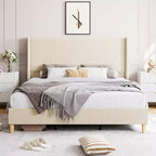 King Size Corduroy Bed Frame, with Vertical Channel Tufted Wingback Headboard, Strong Wooden Slats Support, No Box Spring Needed, Easy Assembly