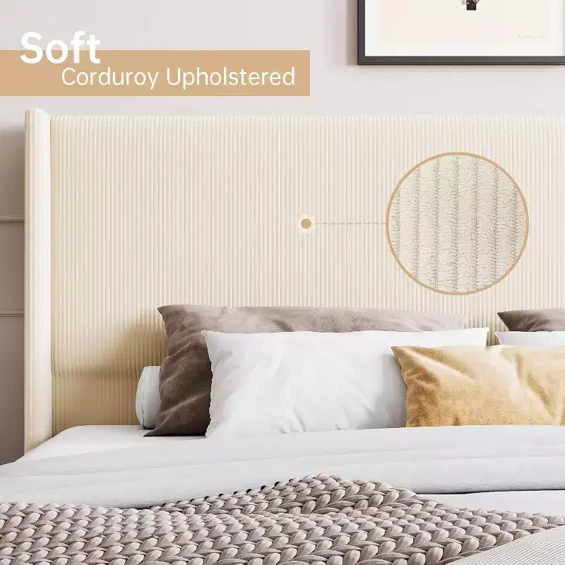 King Size Corduroy Bed Frame, with Vertical Channel Tufted Wingback Headboard, Strong Wooden Slats Support, No Box Spring Needed, Easy Assembly