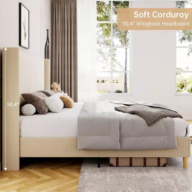 King Size Corduroy Bed Frame, with Vertical Channel Tufted Wingback Headboard, Strong Wooden Slats Support, No Box Spring Needed, Easy Assembly