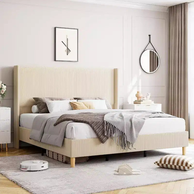 King Size Corduroy Bed Frame, with Vertical Channel Tufted Wingback Headboard, Strong Wooden Slats Support, No Box Spring Needed, Easy Assembly