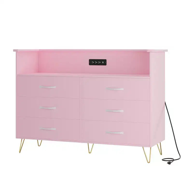 Modern 6 Drawer Dresser with LED Lights & Charging Station - 3 Outlets,2 USB Ports,Color Changing Lights,Open Shelves Stand wStylish Storage Dresser