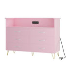 Modern 6 Drawer Dresser with LED Lights & Charging Station - 3 Outlets,2 USB Ports,Color Changing Lights,Open Shelves Stand wStylish Storage Dresser