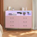 Modern 6 Drawer Dresser with LED Lights & Charging Station - 3 Outlets,2 USB Ports,Color Changing Lights,Open Shelves Stand wStylish Storage Dresser