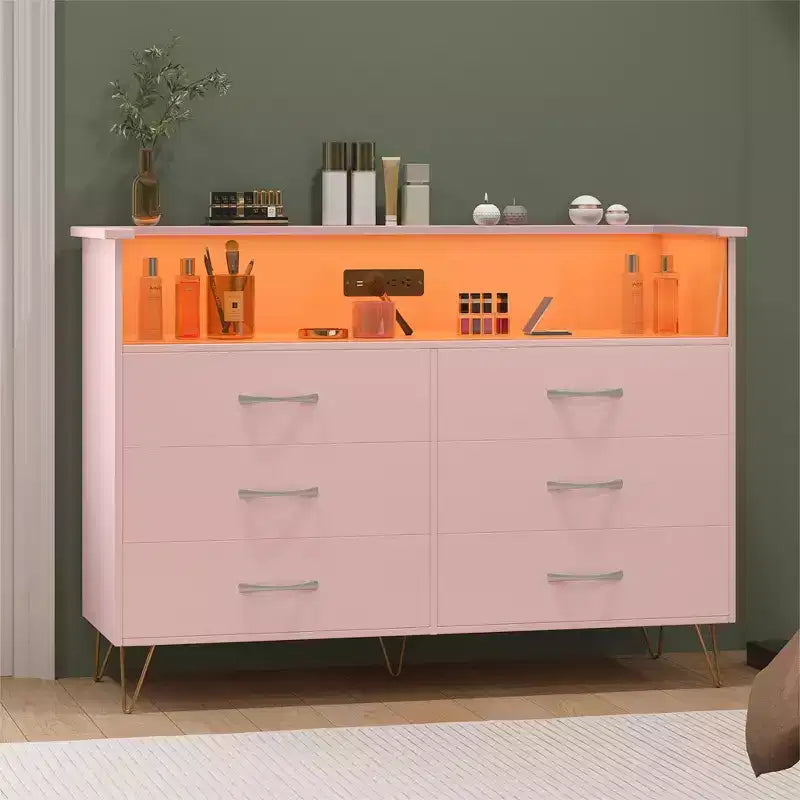 Modern 6 Drawer Dresser with LED Lights & Charging Station - 3 Outlets,2 USB Ports,Color Changing Lights,Open Shelves Stand wStylish Storage Dresser