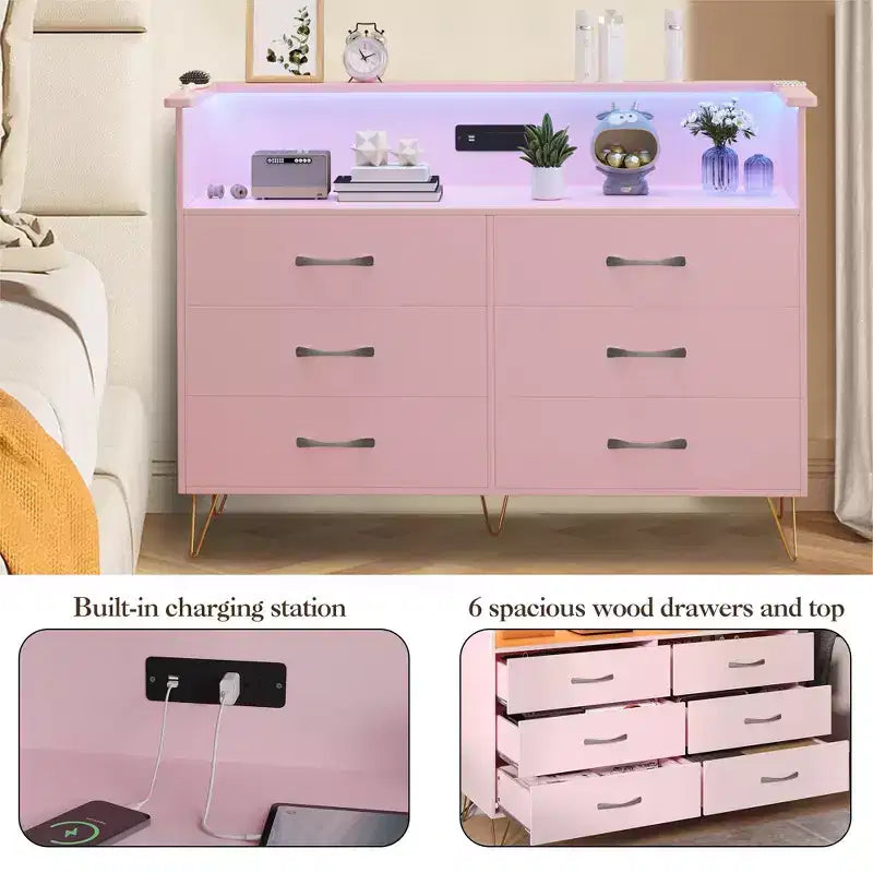 Modern 6 Drawer Dresser with LED Lights & Charging Station - 3 Outlets,2 USB Ports,Color Changing Lights,Open Shelves Stand wStylish Storage Dresser