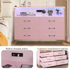 Modern 6 Drawer Dresser with LED Lights & Charging Station - 3 Outlets,2 USB Ports,Color Changing Lights,Open Shelves Stand wStylish Storage Dresser