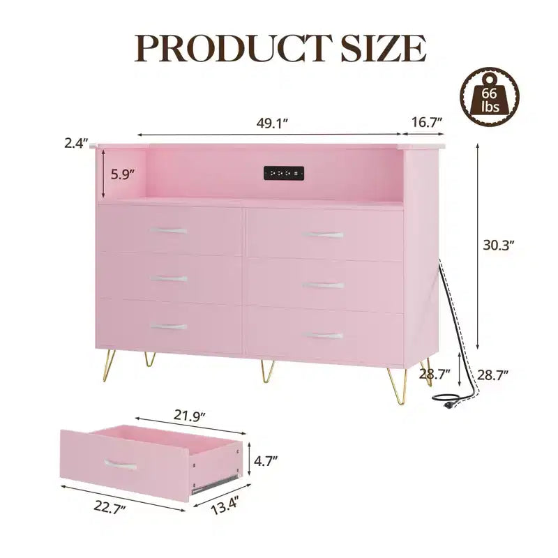 Modern 6 Drawer Dresser with LED Lights & Charging Station - 3 Outlets,2 USB Ports,Color Changing Lights,Open Shelves Stand wStylish Storage Dresser