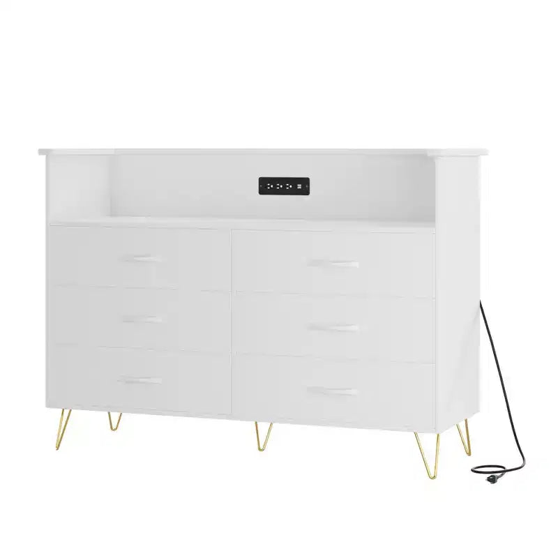 Modern 6 Drawer Dresser with LED Lights & Charging Station - 3 Outlets,2 USB Ports,Color Changing Lights,Open Shelves Stand wStylish Storage Dresser