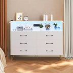 Modern 6 Drawer Dresser with LED Lights & Charging Station - 3 Outlets,2 USB Ports,Color Changing Lights,Open Shelves Stand wStylish Storage Dresser