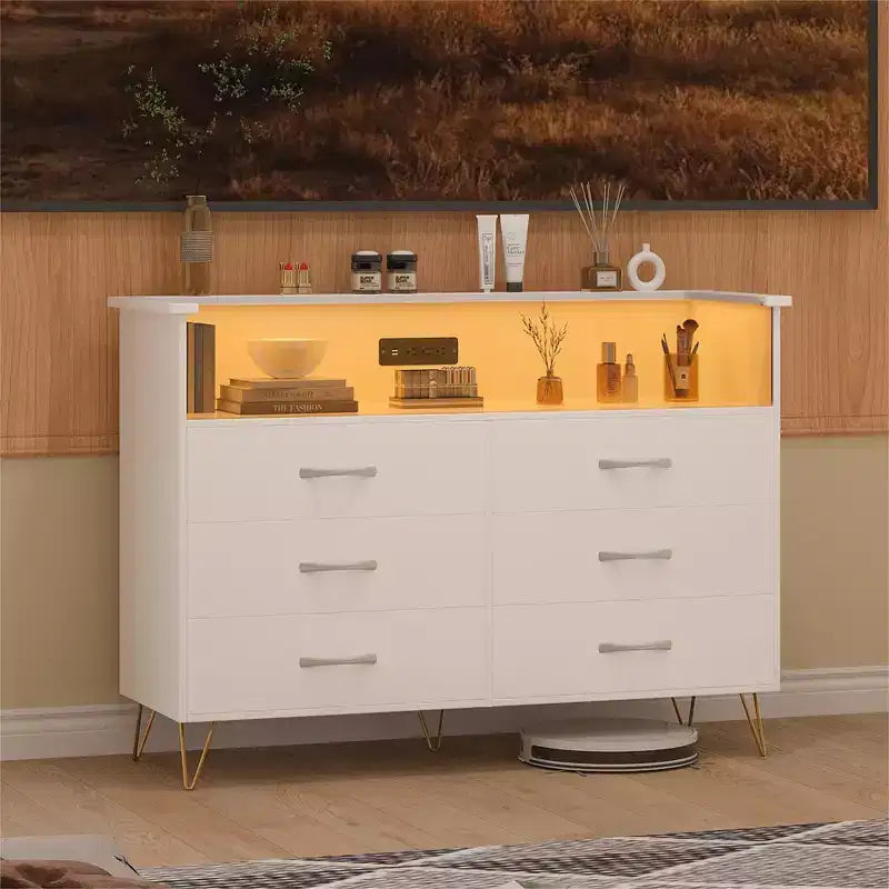 Modern 6 Drawer Dresser with LED Lights & Charging Station - 3 Outlets,2 USB Ports,Color Changing Lights,Open Shelves Stand wStylish Storage Dresser