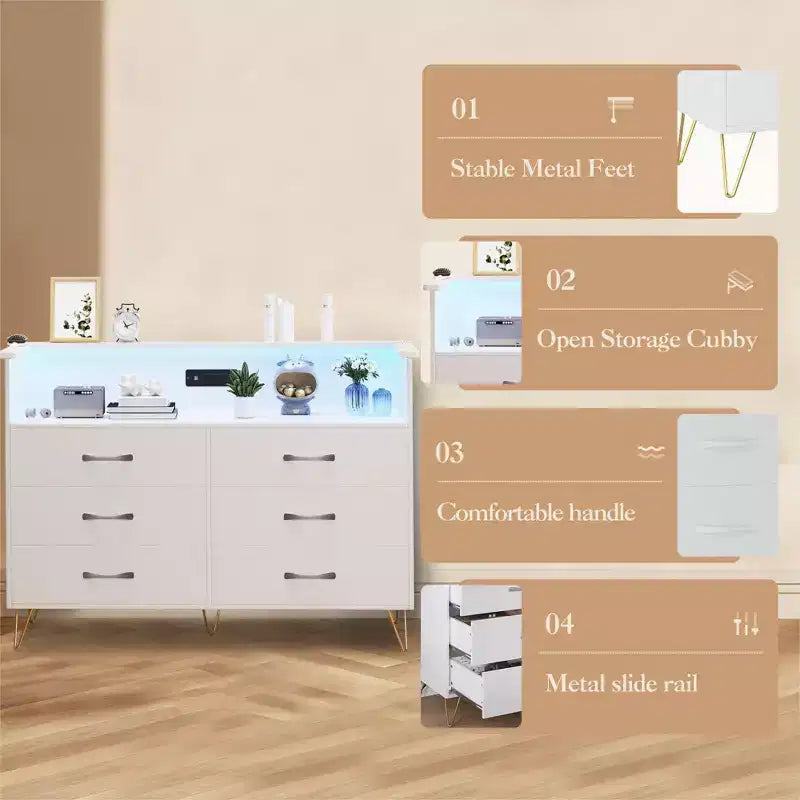 Modern 6 Drawer Dresser with LED Lights & Charging Station - 3 Outlets,2 USB Ports,Color Changing Lights,Open Shelves Stand wStylish Storage Dresser
