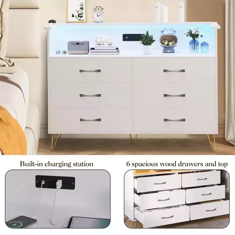 Modern 6 Drawer Dresser with LED Lights & Charging Station - 3 Outlets,2 USB Ports,Color Changing Lights,Open Shelves Stand wStylish Storage Dresser