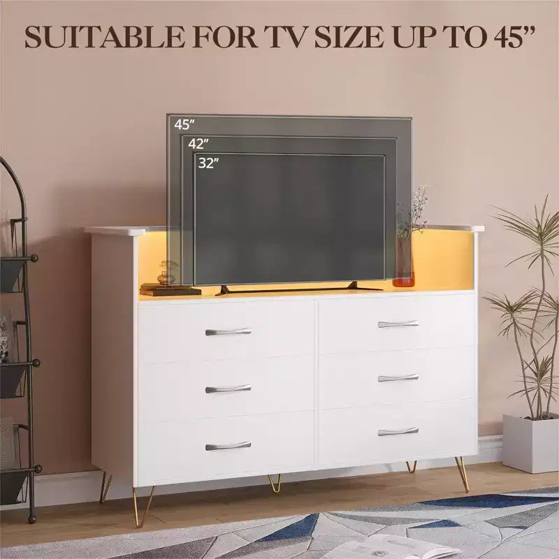 Modern 6 Drawer Dresser with LED Lights & Charging Station - 3 Outlets,2 USB Ports,Color Changing Lights,Open Shelves Stand wStylish Storage Dresser