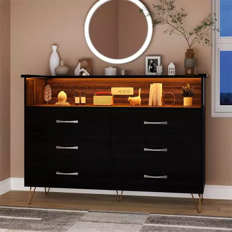 Modern 6 Drawer Dresser with LED Lights & Charging Station - 3 Outlets,2 USB Ports,Color Changing Lights,Open Shelves Stand wStylish Storage Dresser