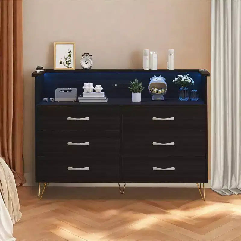 Modern 6 Drawer Dresser with LED Lights & Charging Station - 3 Outlets,2 USB Ports,Color Changing Lights,Open Shelves Stand wStylish Storage Dresser
