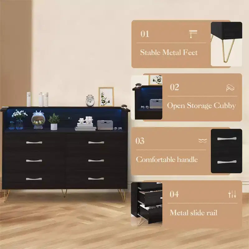 Modern 6 Drawer Dresser with LED Lights & Charging Station - 3 Outlets,2 USB Ports,Color Changing Lights,Open Shelves Stand wStylish Storage Dresser