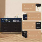 Modern 6 Drawer Dresser with LED Lights & Charging Station - 3 Outlets,2 USB Ports,Color Changing Lights,Open Shelves Stand wStylish Storage Dresser