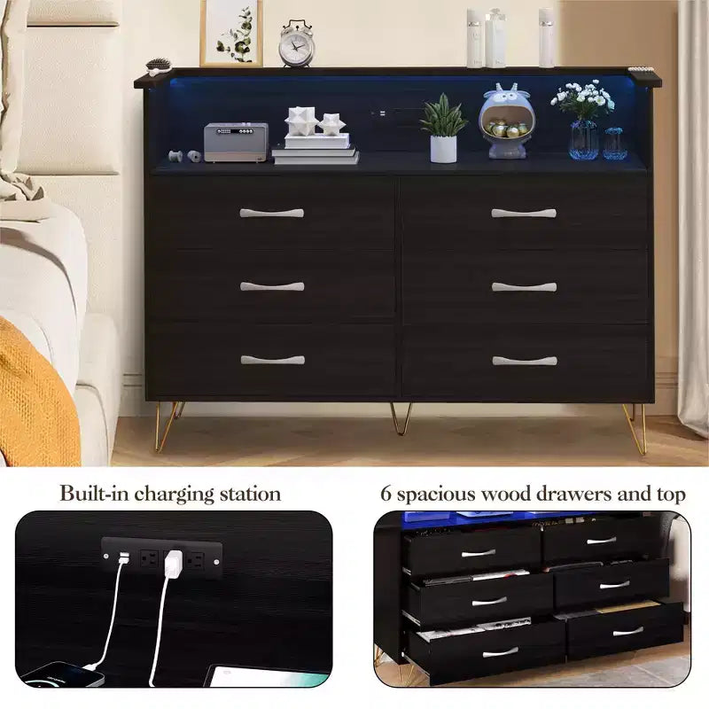 Modern 6 Drawer Dresser with LED Lights & Charging Station - 3 Outlets,2 USB Ports,Color Changing Lights,Open Shelves Stand wStylish Storage Dresser