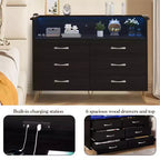 Modern 6 Drawer Dresser with LED Lights & Charging Station - 3 Outlets,2 USB Ports,Color Changing Lights,Open Shelves Stand wStylish Storage Dresser