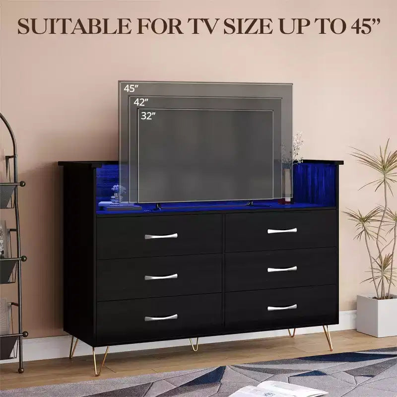 Modern 6 Drawer Dresser with LED Lights & Charging Station - 3 Outlets,2 USB Ports,Color Changing Lights,Open Shelves Stand wStylish Storage Dresser