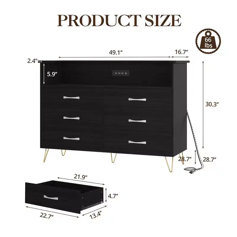 Modern 6 Drawer Dresser with LED Lights & Charging Station - 3 Outlets,2 USB Ports,Color Changing Lights,Open Shelves Stand wStylish Storage Dresser