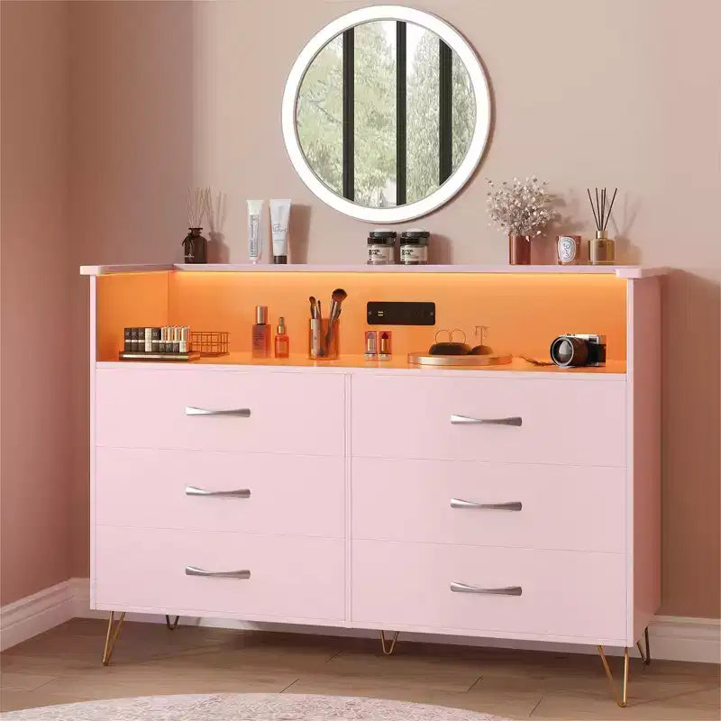 Modern 6 Drawer Dresser with LED Lights & Charging Station - 3 Outlets,2 USB Ports,Color Changing Lights,Open Shelves Stand wStylish Storage Dresser