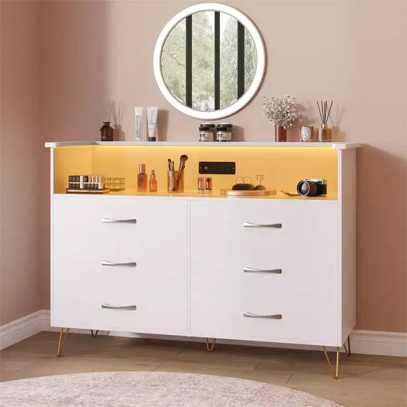 Modern 6 Drawer Dresser with LED Lights & Charging Station - 3 Outlets,2 USB Ports,Color Changing Lights,Open Shelves Stand wStylish Storage Dresser