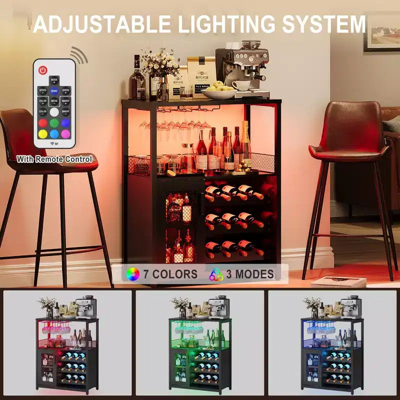 3-Tier Wine Bar Cabinet with Wine Rack and Storage Space, Buffet Cabinet with Glass Holder and Mesh Door, for Kitchen, Living Room and Bar