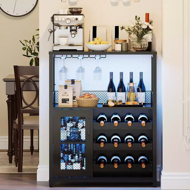 3-Tier Wine Bar Cabinet with Wine Rack and Storage Space, Buffet Cabinet with Glass Holder and Mesh Door, for Kitchen, Living Room and Bar