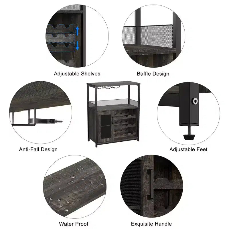3-Tier Wine Bar Cabinet with Wine Rack and Storage Space, Buffet Cabinet with Glass Holder and Mesh Door, for Kitchen, Living Room and Bar