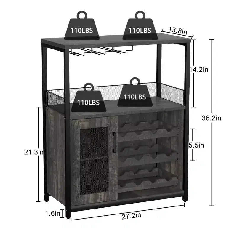 3-Tier Wine Bar Cabinet with Wine Rack and Storage Space, Buffet Cabinet with Glass Holder and Mesh Door, for Kitchen, Living Room and Bar