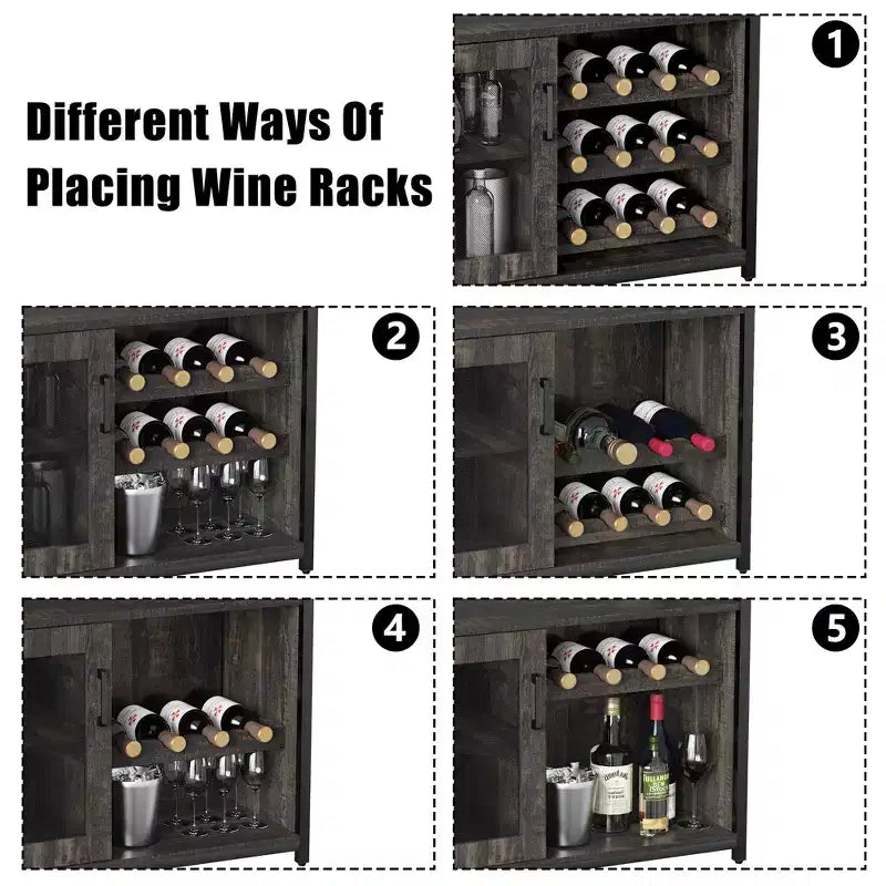 3-Tier Wine Bar Cabinet with Wine Rack and Storage Space, Buffet Cabinet with Glass Holder and Mesh Door, for Kitchen, Living Room and Bar