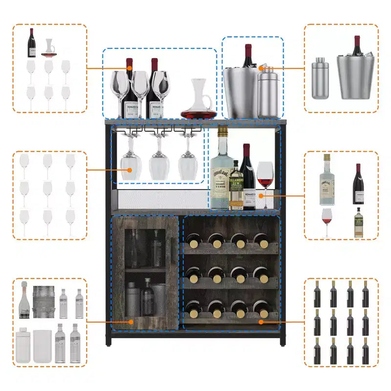 3-Tier Wine Bar Cabinet with Wine Rack and Storage Space, Buffet Cabinet with Glass Holder and Mesh Door, for Kitchen, Living Room and Bar