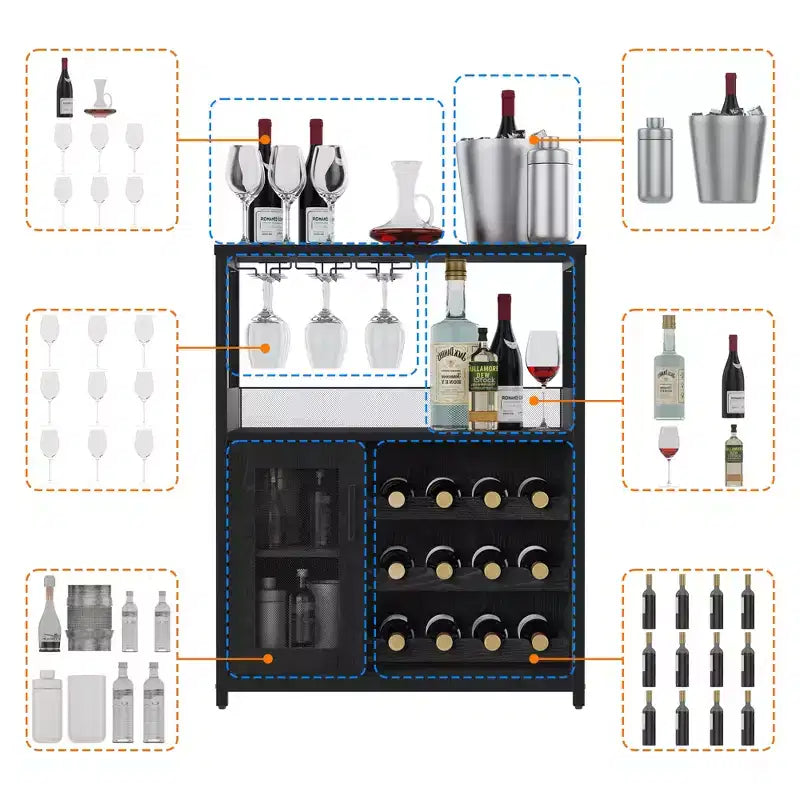 3-Tier Wine Bar Cabinet with Wine Rack and Storage Space, Buffet Cabinet with Glass Holder and Mesh Door, for Kitchen, Living Room and Bar