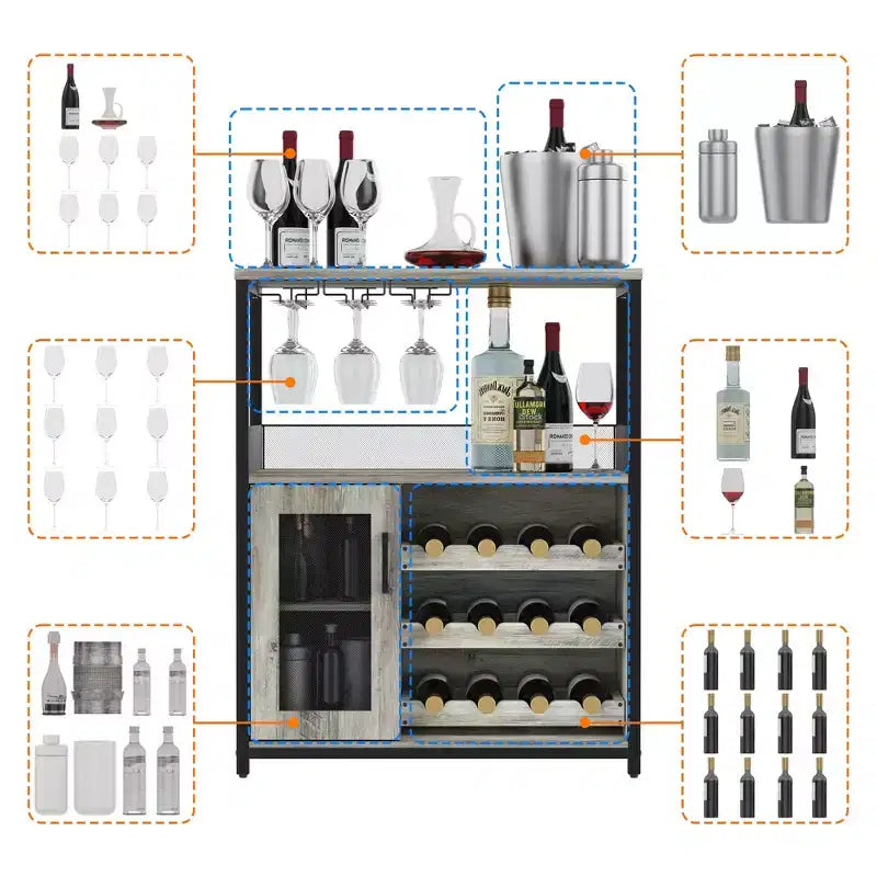 3-Tier Wine Bar Cabinet with Wine Rack and Storage Space, Buffet Cabinet with Glass Holder and Mesh Door, for Kitchen, Living Room and Bar