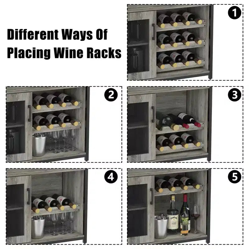 3-Tier Wine Bar Cabinet with Wine Rack and Storage Space, Buffet Cabinet with Glass Holder and Mesh Door, for Kitchen, Living Room and Bar
