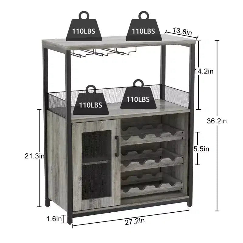 3-Tier Wine Bar Cabinet with Wine Rack and Storage Space, Buffet Cabinet with Glass Holder and Mesh Door, for Kitchen, Living Room and Bar