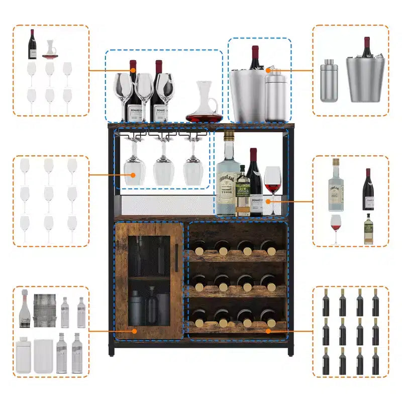 3-Tier Wine Bar Cabinet with Wine Rack and Storage Space, Buffet Cabinet with Glass Holder and Mesh Door, for Kitchen, Living Room and Bar